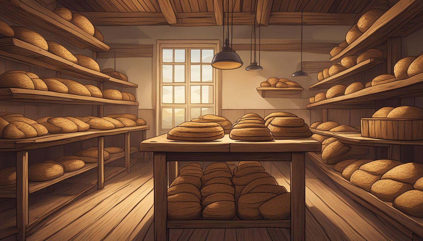 A rustic wooden table covered in trays of proofing sourdough loaves, with a warm oven in the background