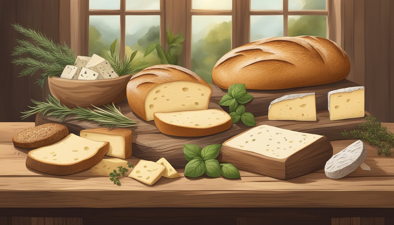 A rustic wooden table displays a freshly baked loaf of sourdough bread surrounded by an assortment of artisanal cheeses and vibrant seasonal herbs