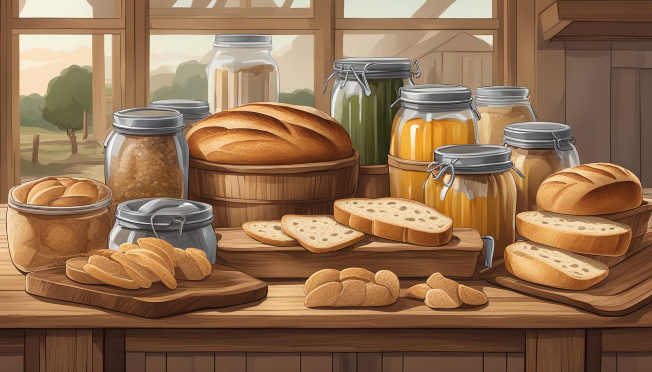 A large wooden table holds platters of freshly baked sourdough loaves, surrounded by jars of homemade spreads and baskets of sliced bread