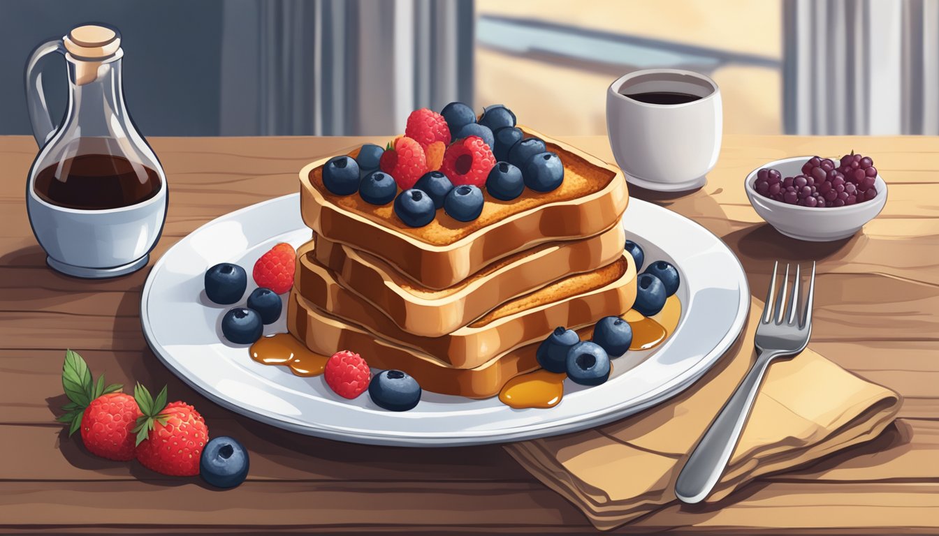 A plate of sourdough French toast topped with fresh berries and a drizzle of maple syrup on a wooden table