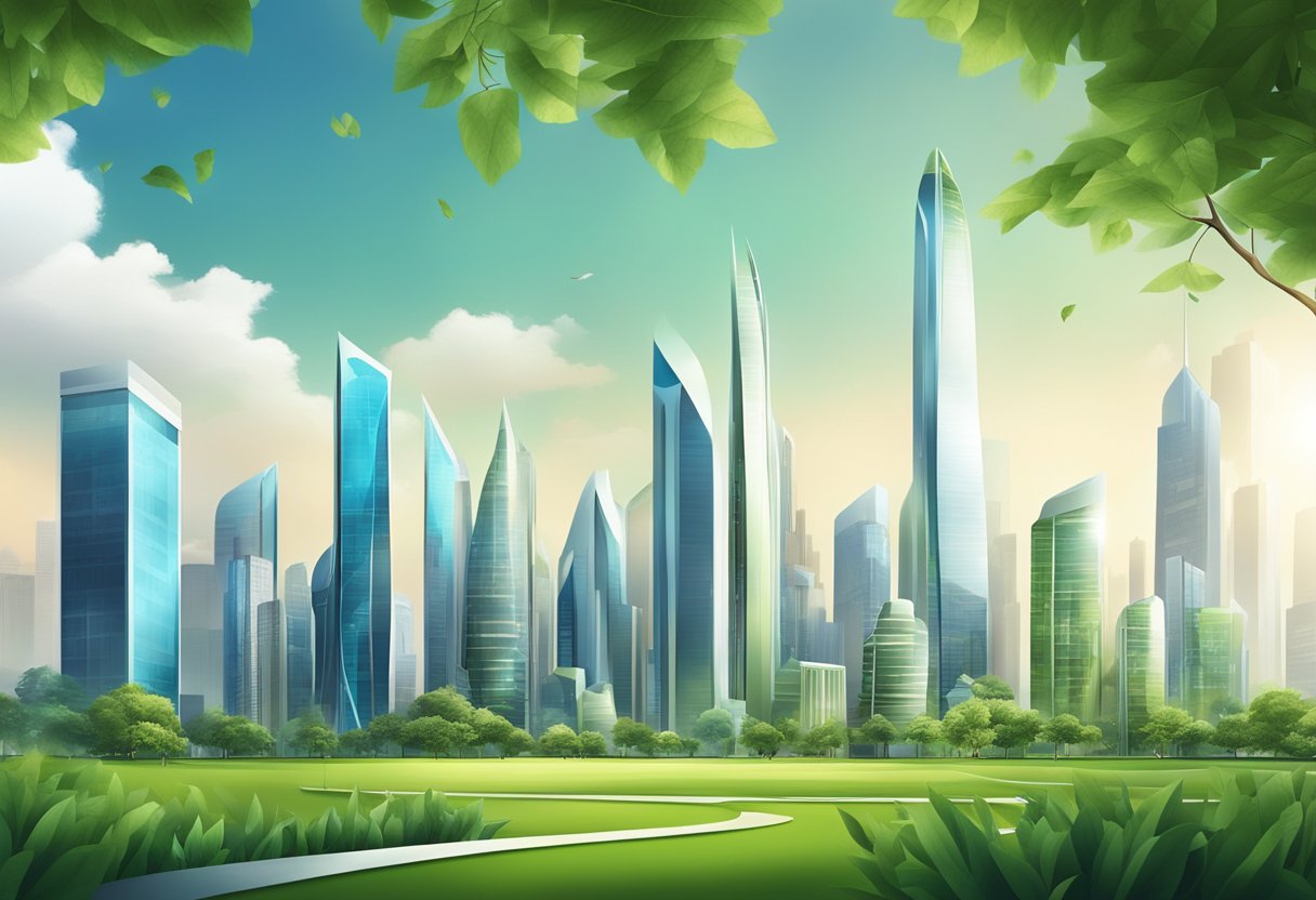 A modern city skyline with sleek, futuristic buildings and green spaces, showcasing the integration of technology and nature in real estate management