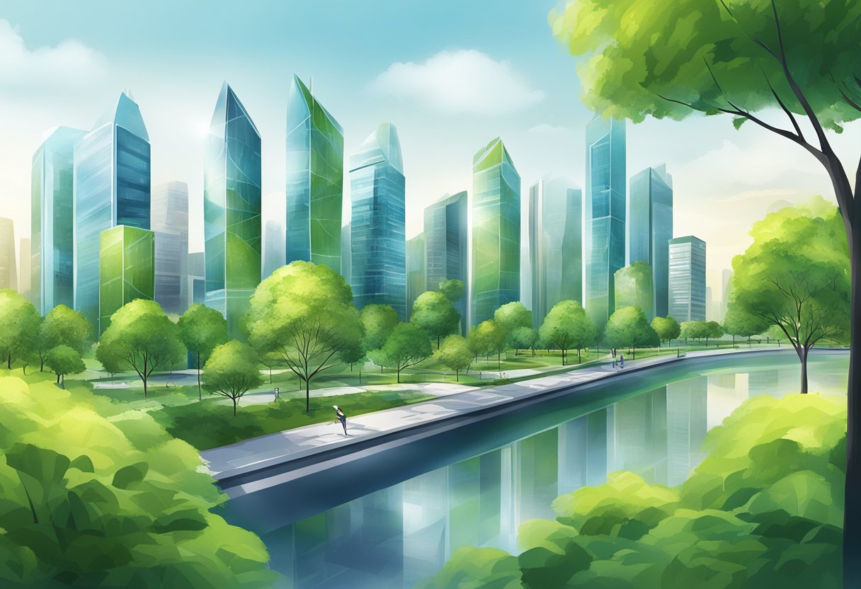 A modern city skyline with sleek buildings and vibrant green spaces, showcasing the integration of technology and nature in property management