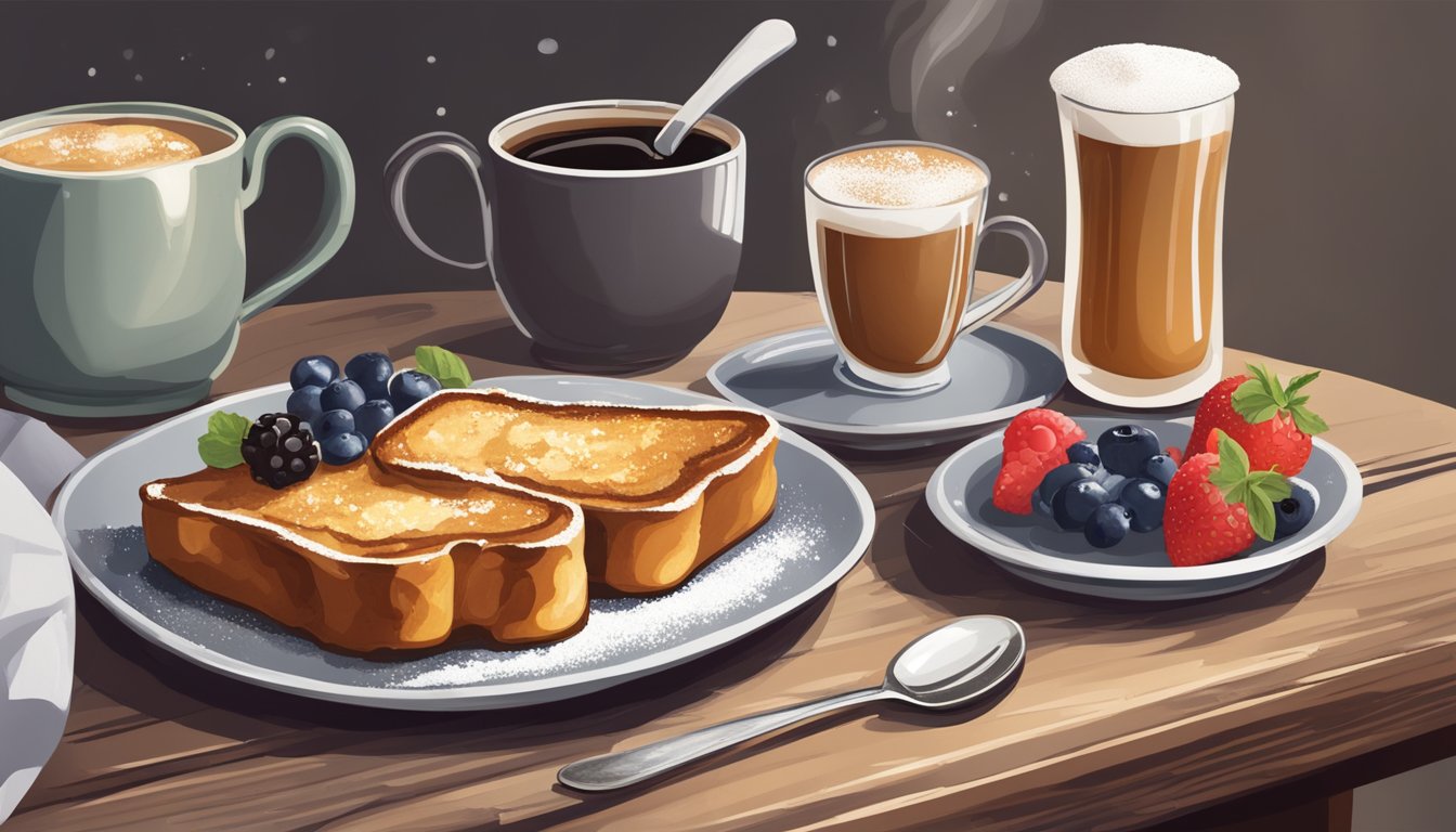 A rustic kitchen table set with a plate of golden brown sourdough French toast, topped with a dusting of powdered sugar and a drizzle of maple syrup, accompanied by a side of fresh berries and a steaming cup of coffee