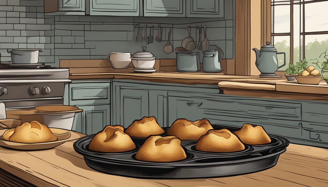 A rustic kitchen counter with a tray of golden-brown sourdough popovers cooling next to a vintage cast iron popover pan