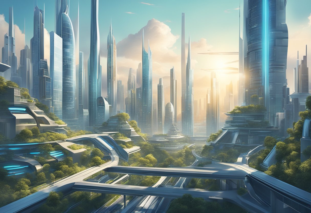 A futuristic city skyline with sleek, high-tech buildings and advanced investment technology integrated into the landscape