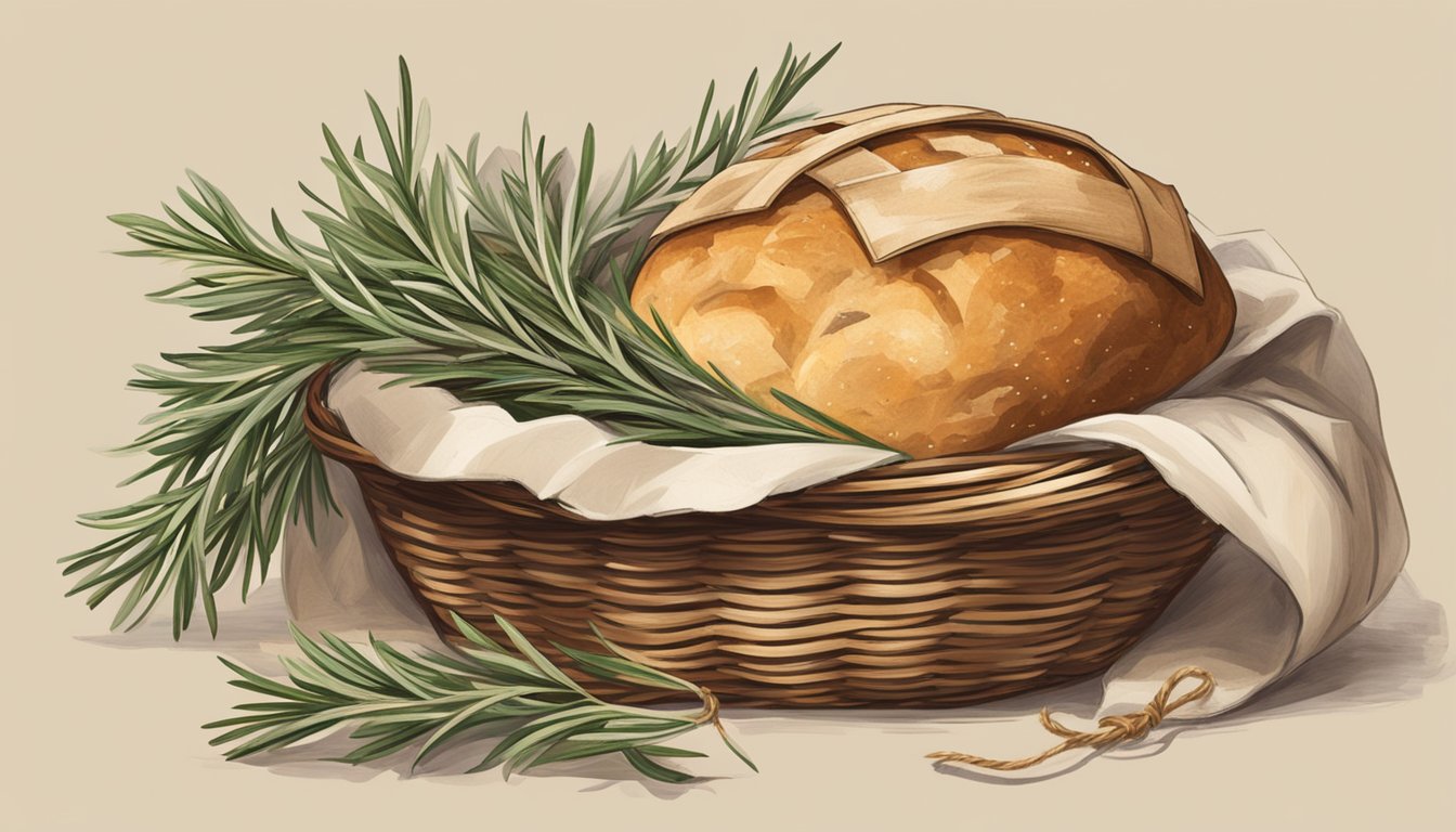 A rustic basket holds a loaf of sourdough bread wrapped in parchment paper, tied with twine, and adorned with sprigs of rosemary and a small tag