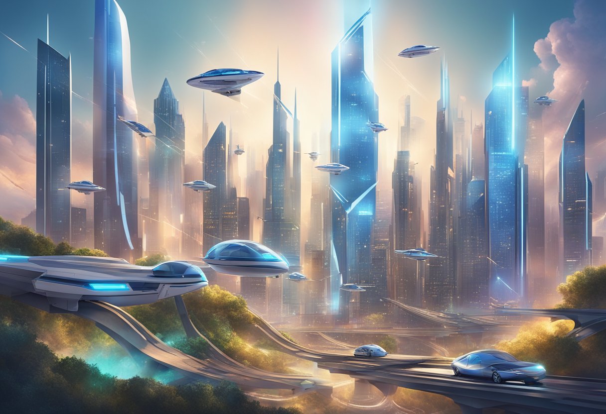 A futuristic city skyline with sleek, high-tech investment vehicles soaring through the air, surrounded by cutting-edge financial technology