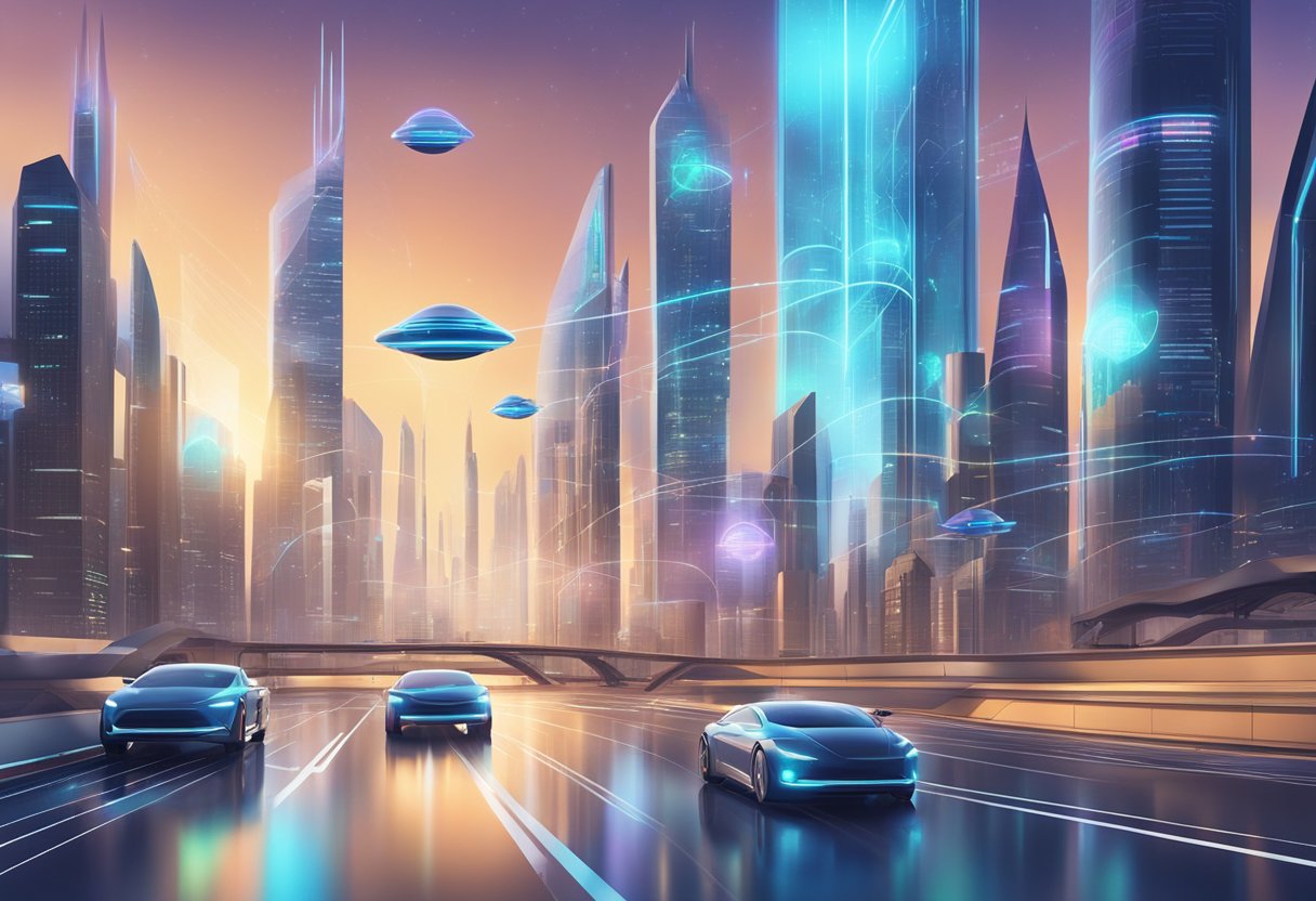 A futuristic city skyline with holographic investment charts and graphs projected in the air, surrounded by sleek, high-tech buildings and advanced transportation systems