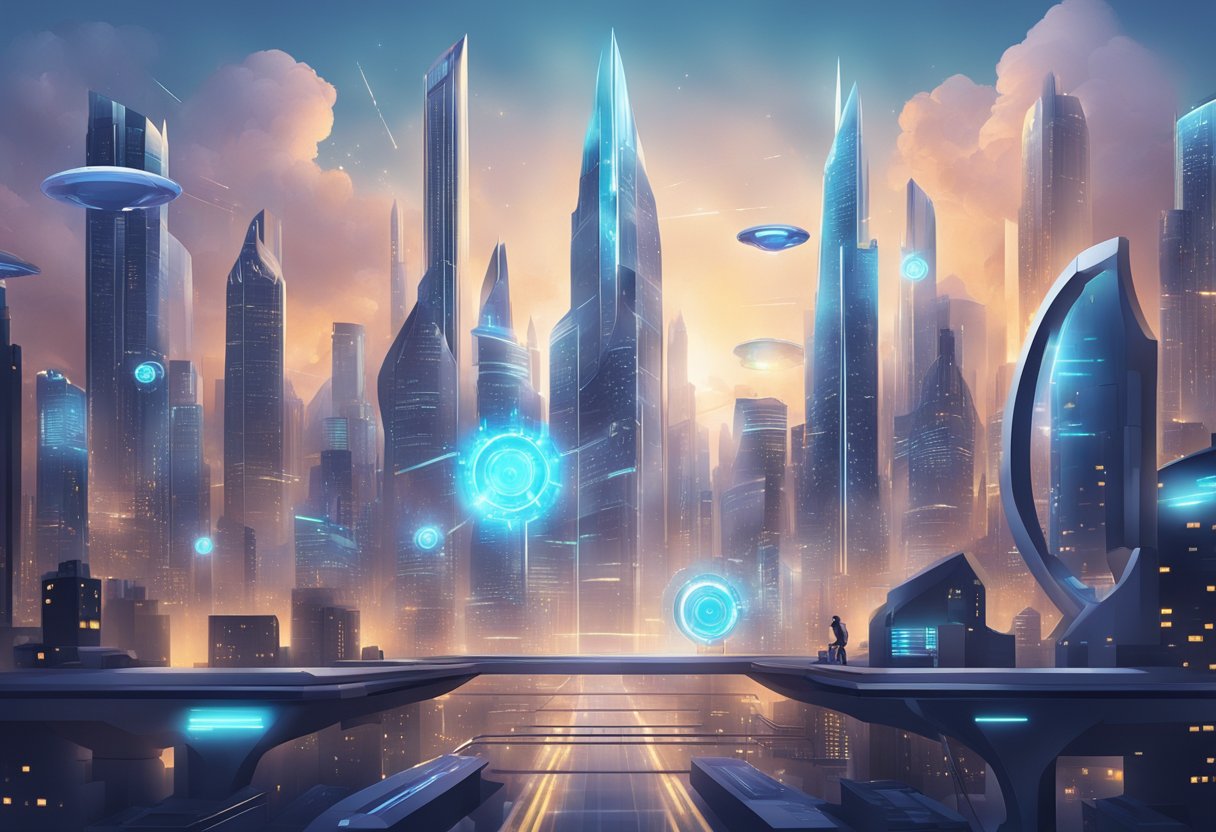 A futuristic city skyline with advanced technology and financial symbols, surrounded by a shield representing risk management