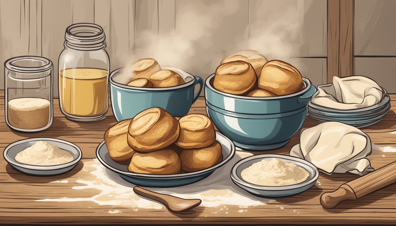 A rustic kitchen table set with a plate of golden brown sourdough popovers surrounded by a scattering of flour and a vintage wooden rolling pin