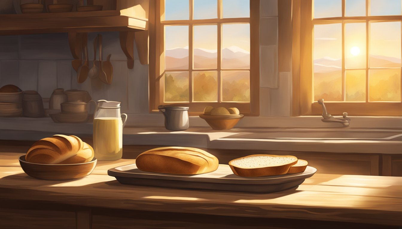 A rustic kitchen table holds a loaf of sourdough bread, emitting a warm, earthy aroma. Sunlight filters through a nearby window, casting a golden glow on the crust