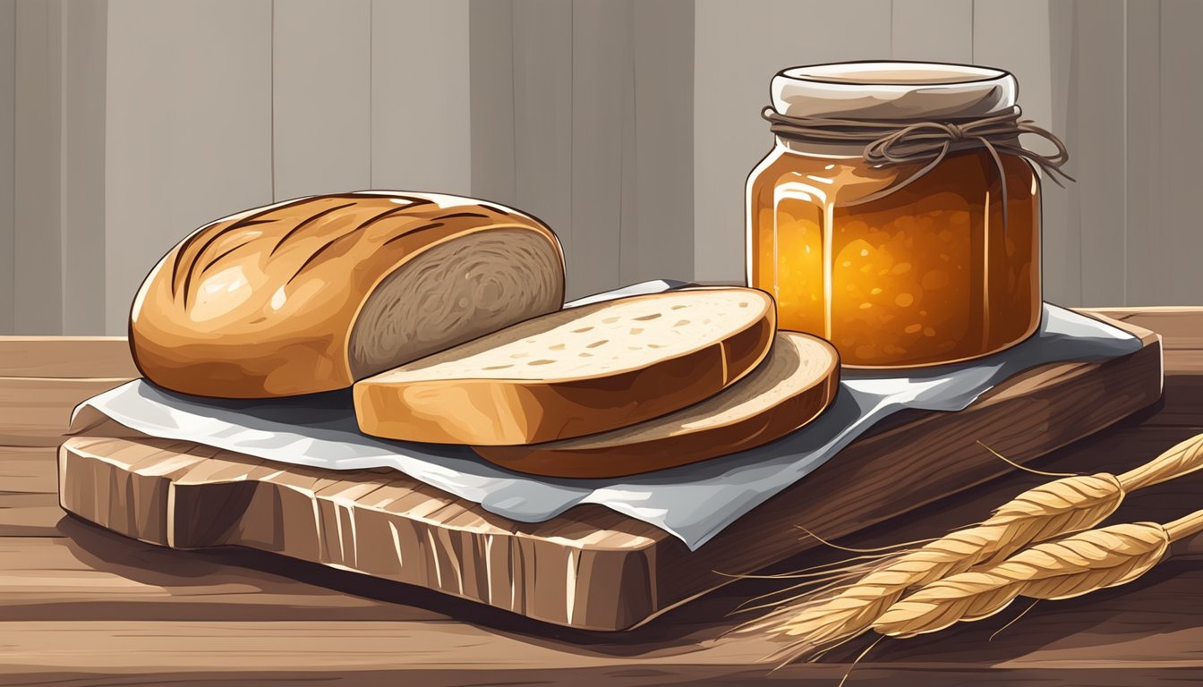 A rustic wooden bread board with a freshly baked loaf of sourdough bread, accompanied by a jar of homemade jam and a bundle of decorative twine