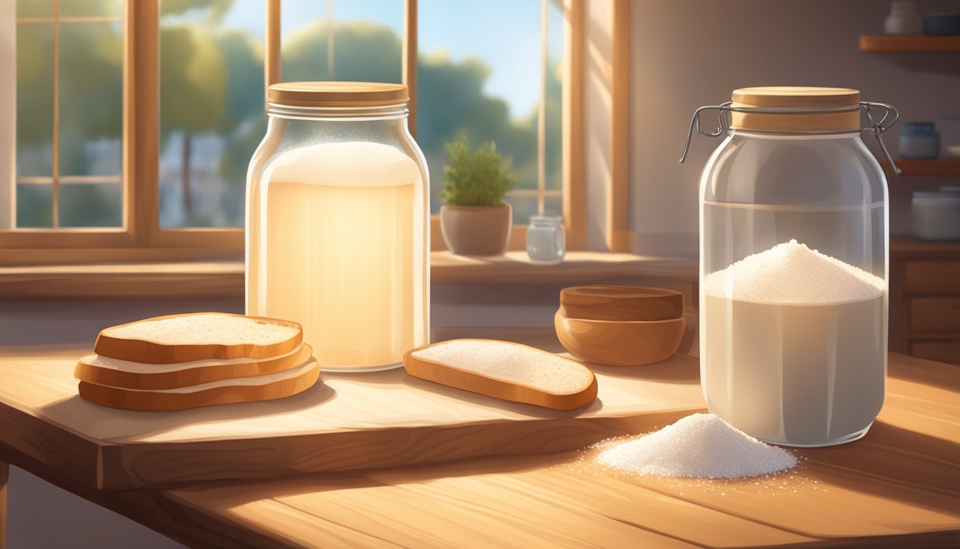 A wooden table with a bowl of sourdough starter, a bag of flour, a glass of water, and a jar of salt, surrounded by the warm glow of sunlight