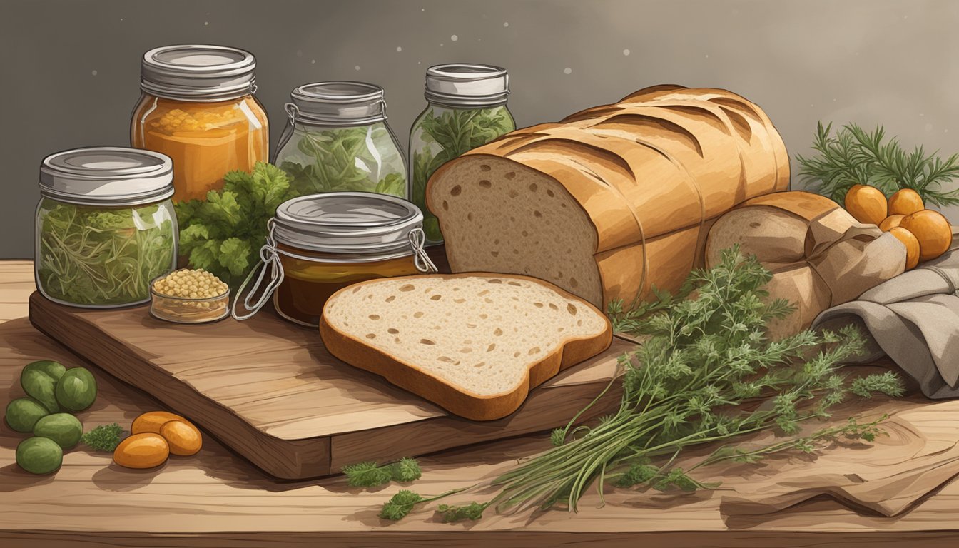 A rustic wooden cutting board holds a variety of sourdough bread loaves wrapped in brown paper and tied with twine, surrounded by sprigs of fresh herbs and small jars of homemade spreads