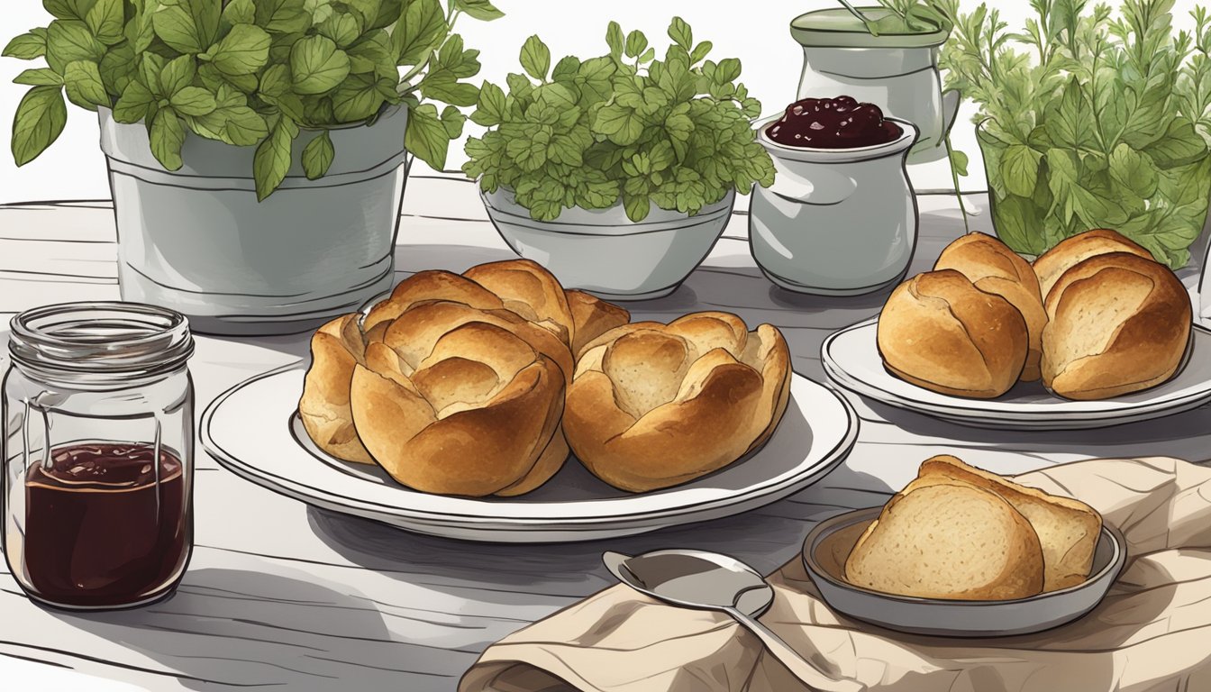 A table set with a platter of golden-brown sourdough popovers, surrounded by fresh herbs and a jar of homemade jam