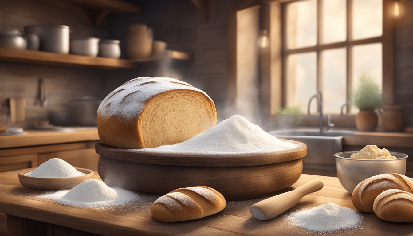 A rustic kitchen with a wooden table covered in flour, a bubbling sourdough starter, and the aroma of freshly baked bread filling the air