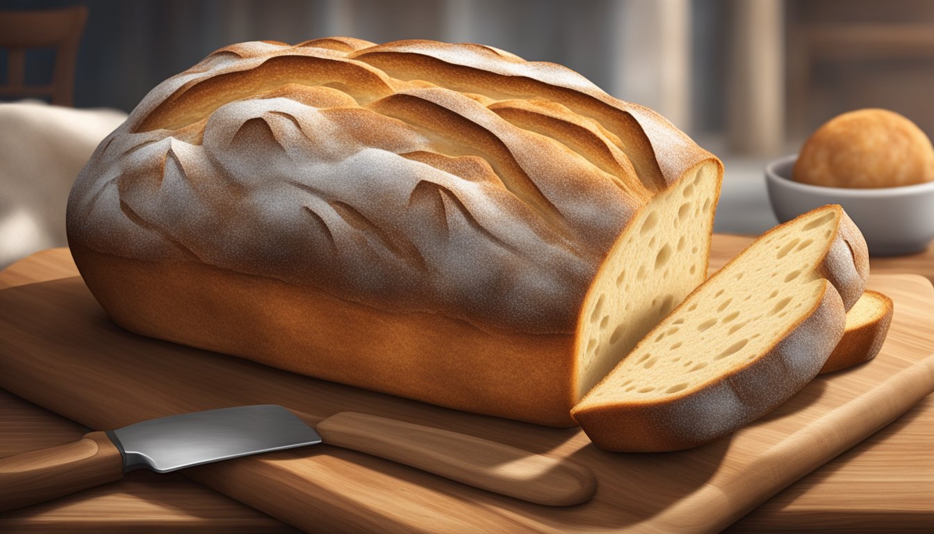 A rustic loaf of sourdough sits on a wooden cutting board, emitting a warm, yeasty aroma. The crust crackles as it is gently squeezed, releasing a soft, springy texture