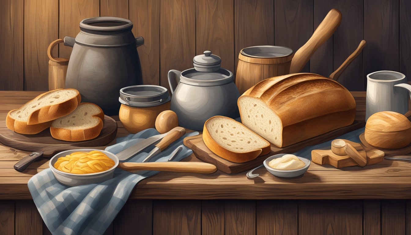 A rustic wooden table holds a loaf of sourdough bread, surrounded by various tools and accessories. The scene evokes the five senses through the use of texture, color, and composition