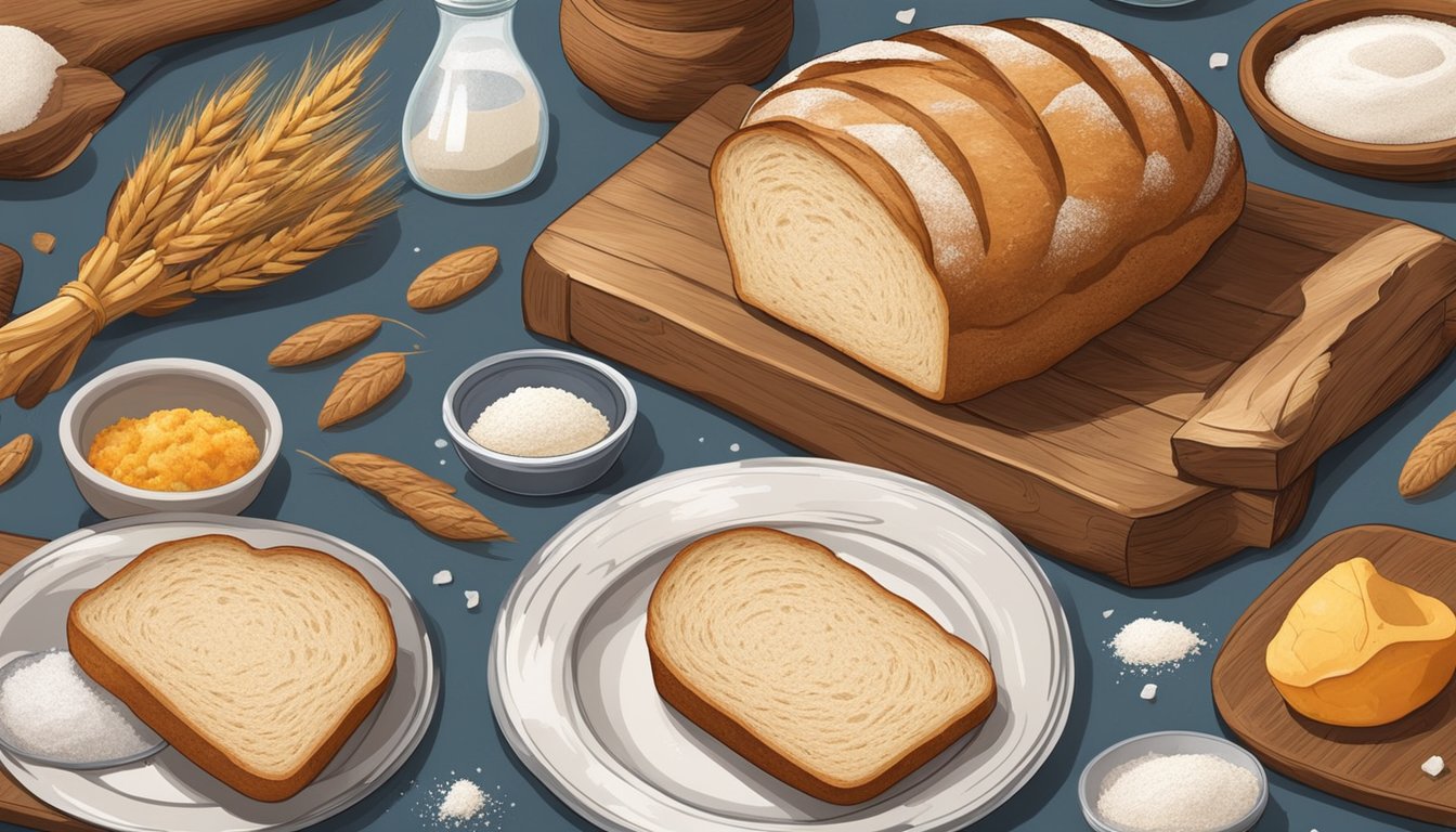 A rustic kitchen table displays a fresh loaf of sourdough bread, surrounded by the ingredients of flour, water, and salt. The aroma of the bread fills the air, while the sound of crackling crust hints at its texture