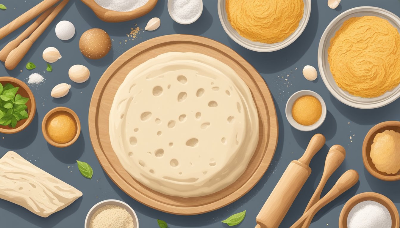 A wooden rolling pin flattens a ball of sourdough naan dough on a floured surface, surrounded by bowls of ingredients