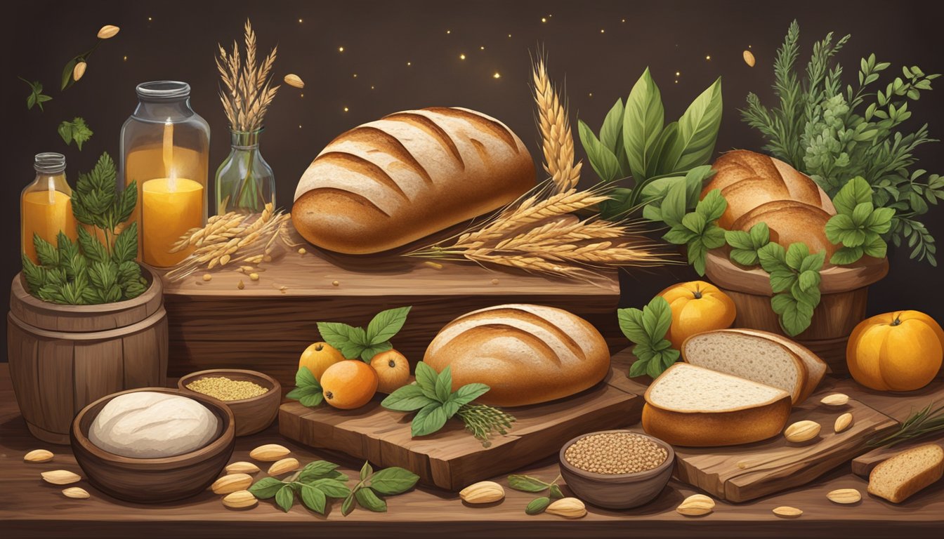 A rustic wooden table displays a variety of sourdough bread, surrounded by vibrant herbs, grains, and fruits. The air is filled with the warm, earthy aroma of freshly baked bread