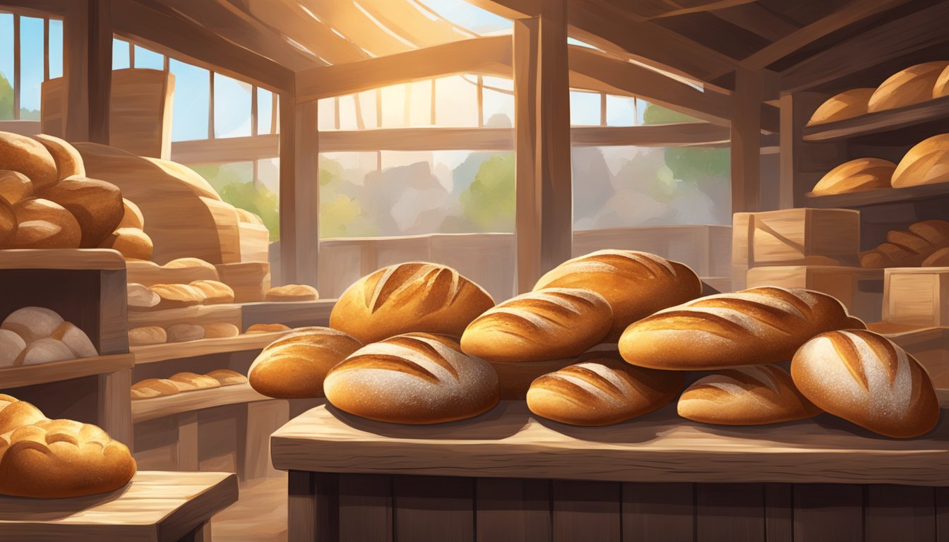 A rustic market stall displays freshly baked sourdough bread, emitting a warm, earthy aroma. Sunlight highlights the golden crust, while birds chirp in the background