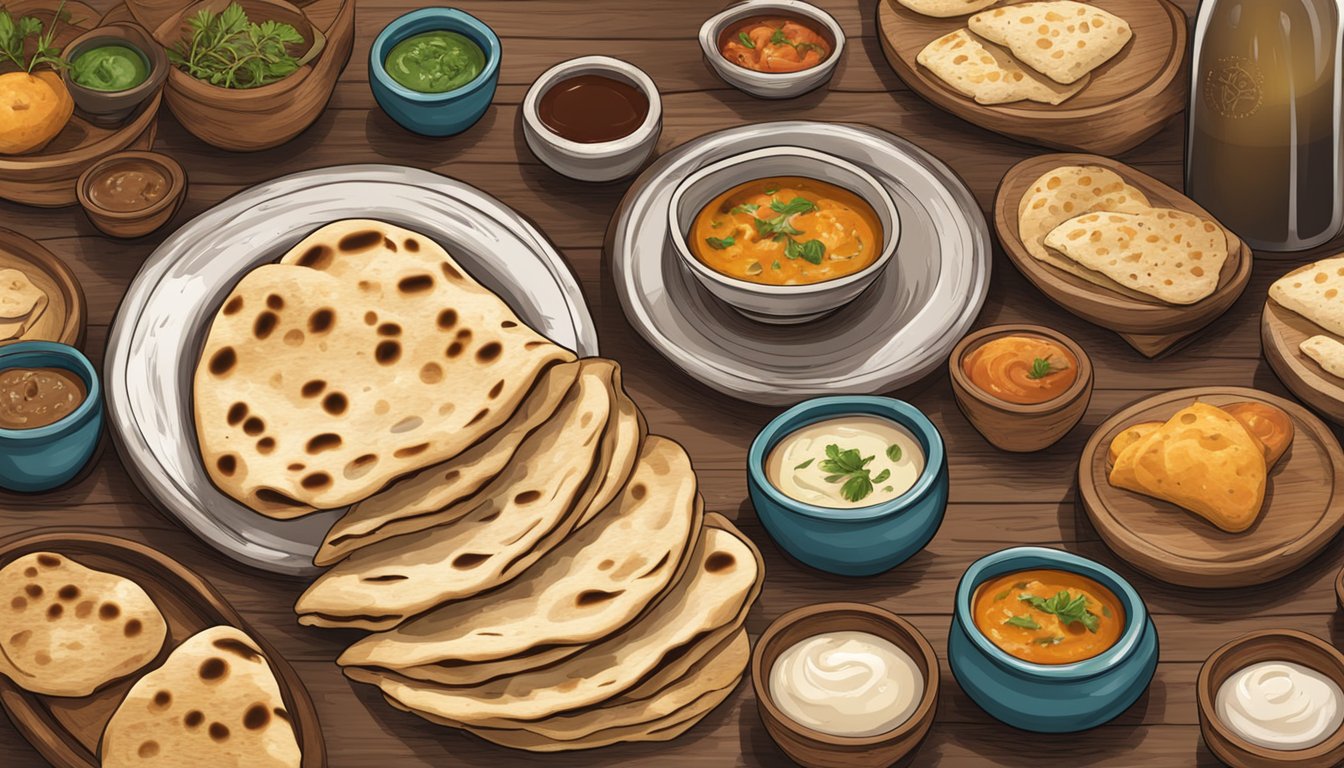 A rustic wooden table with a platter of freshly baked sourdough naan, accompanied by small bowls of aromatic dipping sauces