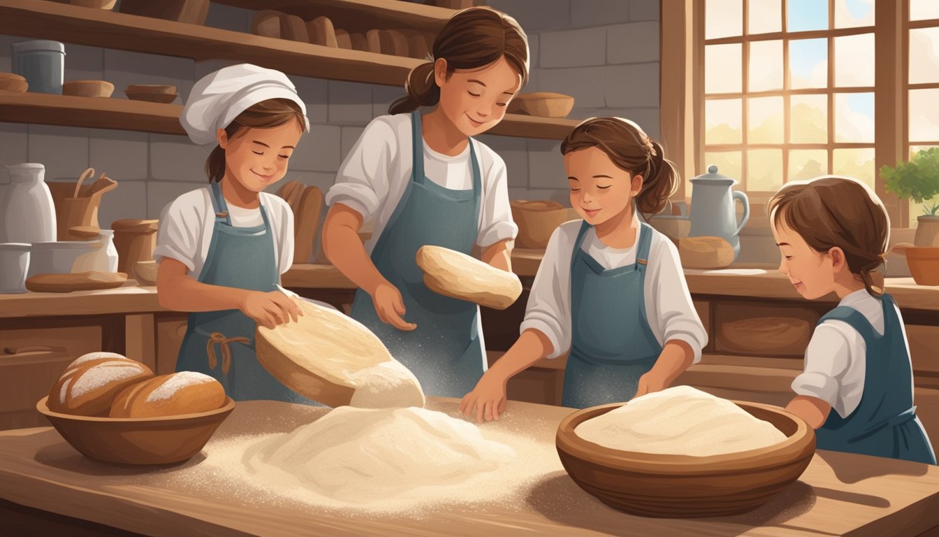 A rustic kitchen with a wooden table covered in flour, a bowl of sourdough starter, and children eagerly helping to knead and shape loaves of bread