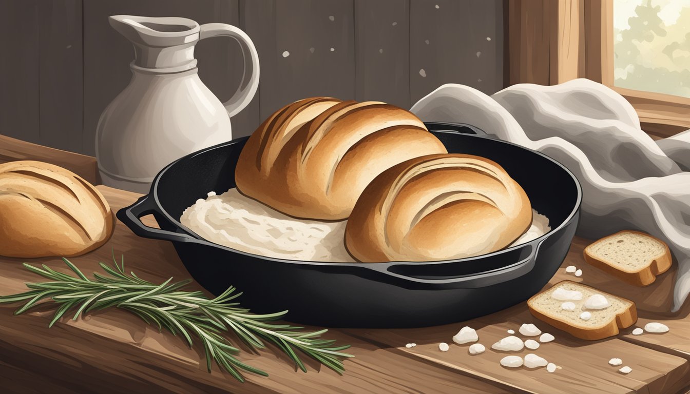 A rustic wooden table with a cast iron skillet filled with freshly baked sourdough bread loaves, surrounded by scattered flour and a few scattered sprigs of rosemary