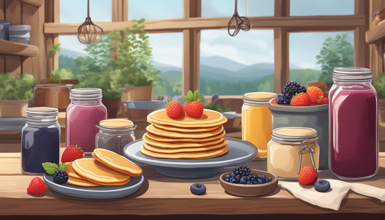 A rustic kitchen with a wooden table covered in sourdough crumpets and pancakes, surrounded by jars of various flavored spreads and fresh berries