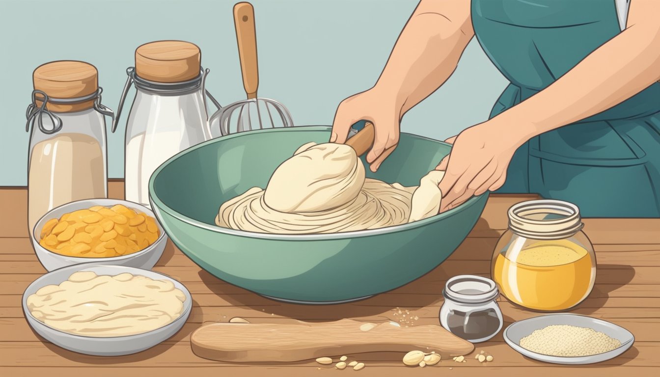 A pair of hands mixing dough in a large bowl, surrounded by ingredients and kitchen utensils on a wooden countertop