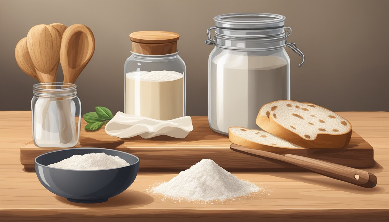 A rustic kitchen counter with a wooden cutting board, a jar of sourdough starter, a bowl of flour, a whisk, and a measuring cup