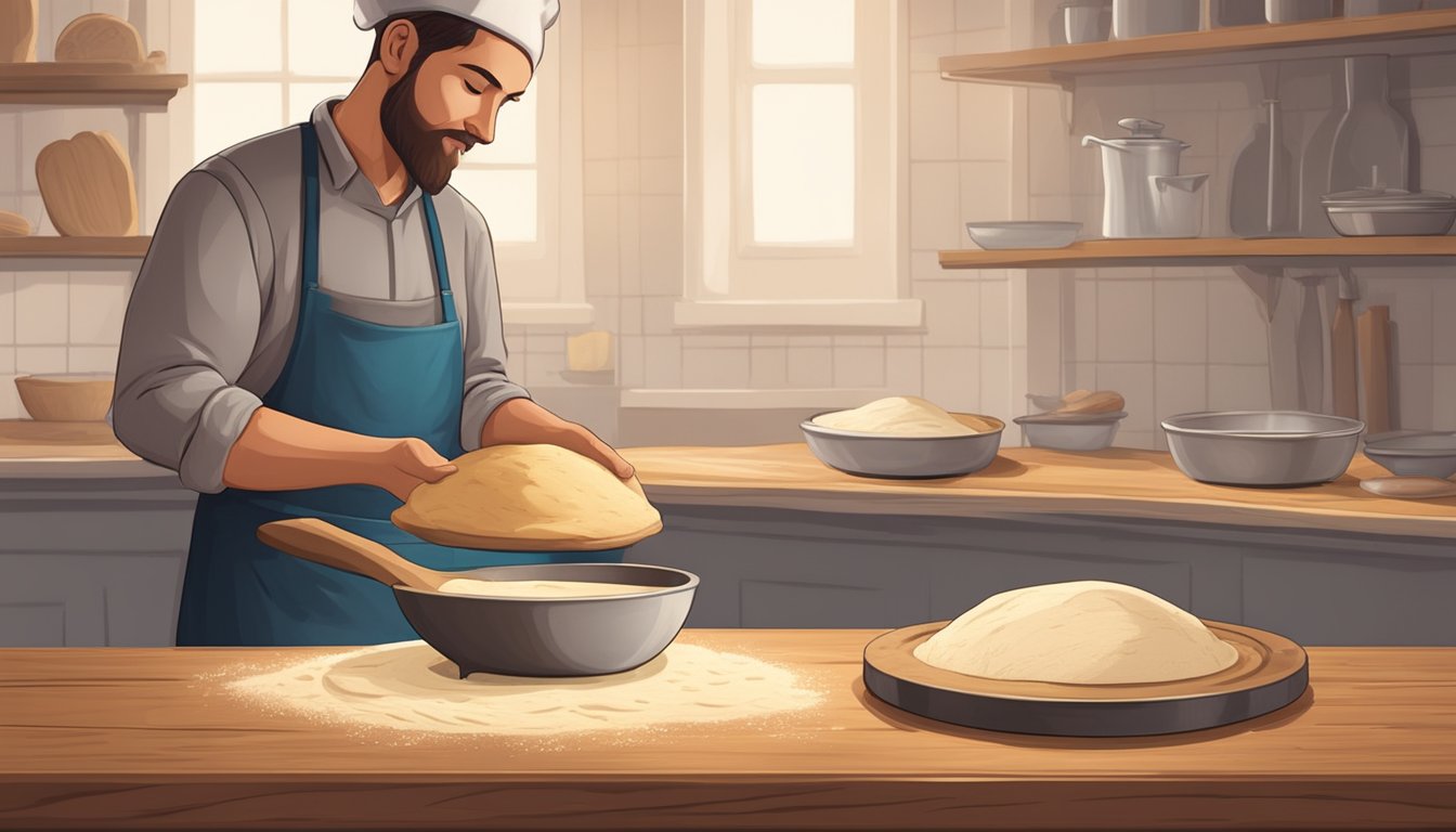 A baker shaping and proofing sourdough skillet breads on a floured wooden surface, with a bowl of dough and a skillet nearby