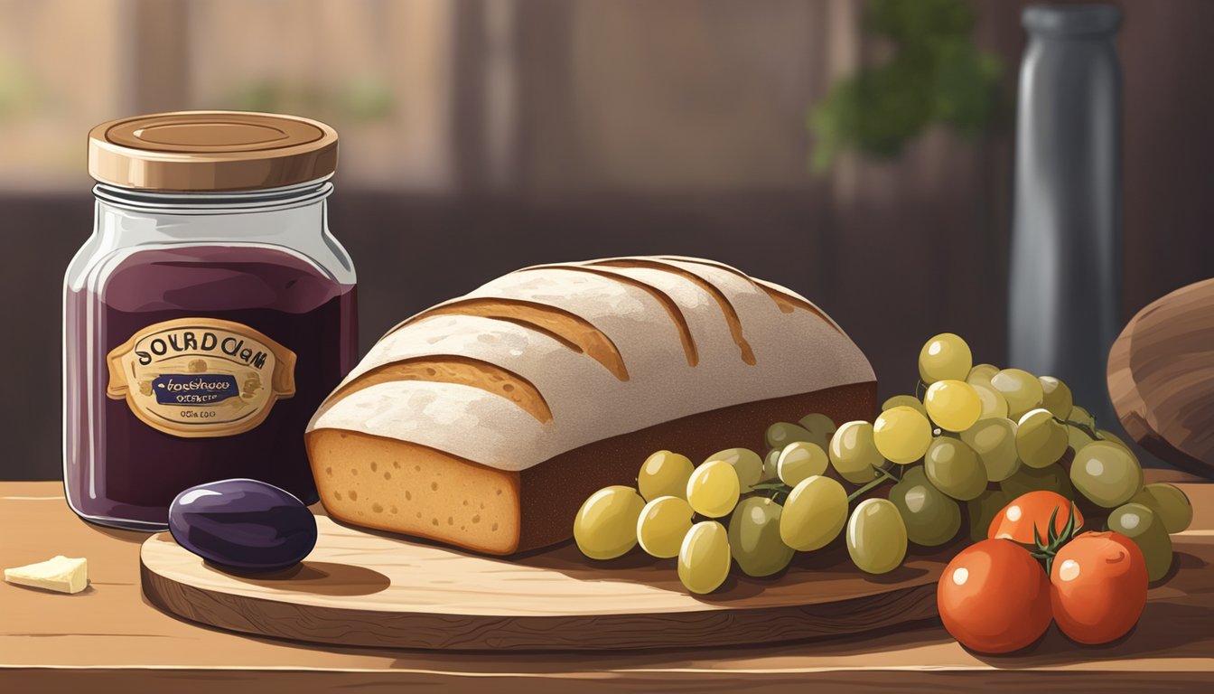 A rustic loaf of sourdough bread sits on a wooden cutting board, accompanied by a spread of cheese, olives, and sliced tomatoes. A jar of homemade jam and a bunch of grapes complete the scene