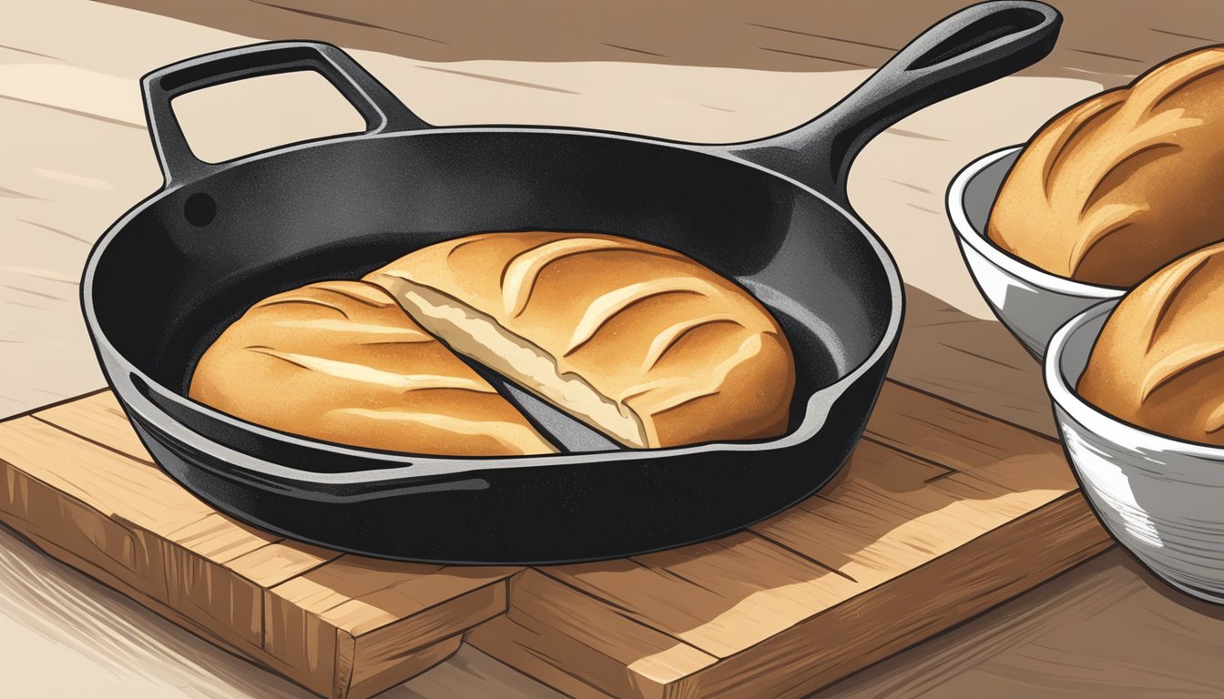 A rustic sourdough skillet bread sizzling in a cast iron pan, emitting a tantalizing aroma with crisp, golden-brown crust and airy, chewy interior