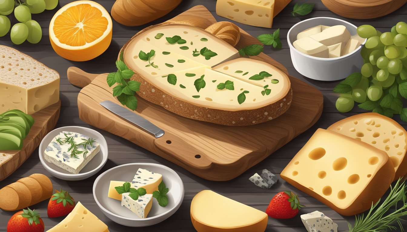 A rustic wooden board with slices of sourdough bread and a variety of cheeses, garnished with fresh herbs and fruit