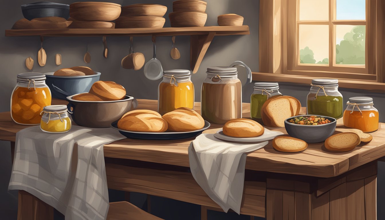 A rustic kitchen scene with a wooden table holding a variety of sourdough skillet breads, alongside jars of preserves and a linen cloth