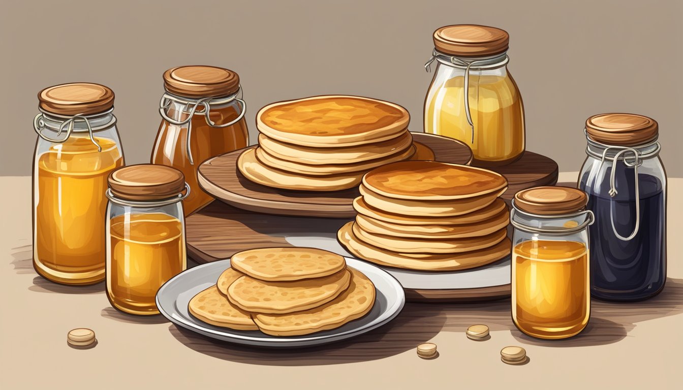 A rustic wooden table with a plate of golden-brown sourdough crumpets and pancakes, accompanied by jars of honey and preserves