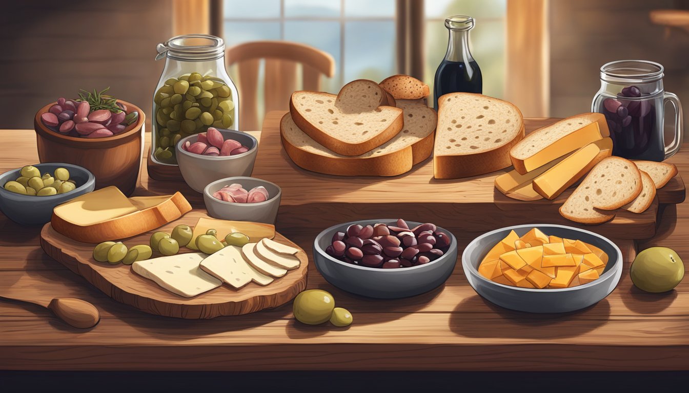 A rustic wooden table topped with a variety of sliced sourdough bread and an assortment of savory pairings such as cheese, cured meats, and olives