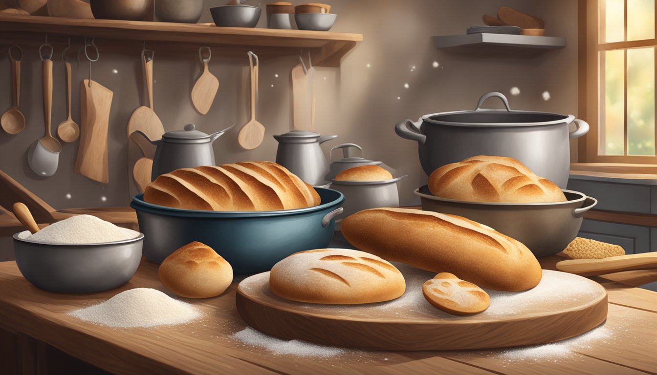 A rustic kitchen scene with various types of sourdough skillet breads cooling on a wooden table, surrounded by scattered flour and baking utensils