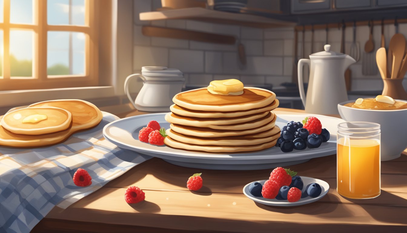 A rustic kitchen table set with a plate of sourdough crumpets and pancakes, adorned with fresh berries and drizzled with honey, set against a backdrop of a cozy kitchen with sunlight streaming in through the window