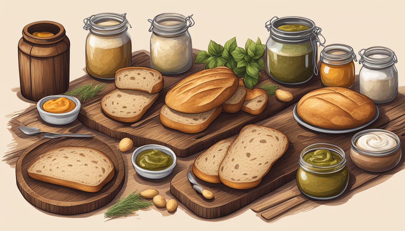 A rustic wooden table set with various sourdough bread pairings, surrounded by jars of homemade spreads and fresh ingredients