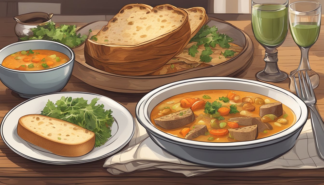 A rustic table set with a hearty meal of soup, salad, and stew, accompanied by slices of warm, crusty sourdough bread