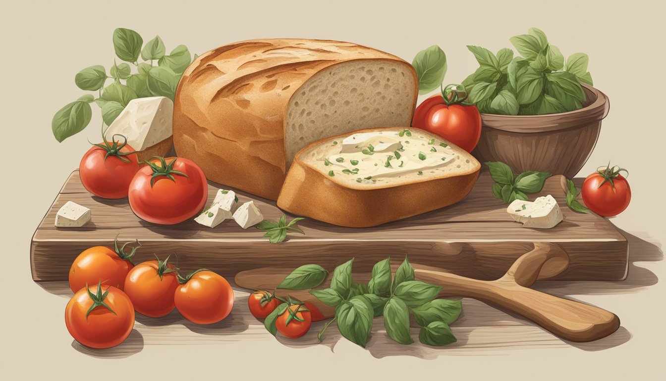 A rustic wooden table adorned with a variety of fresh ingredients such as ripe tomatoes, fragrant herbs, and creamy cheeses, all arranged alongside a loaf of freshly baked sourdough bread