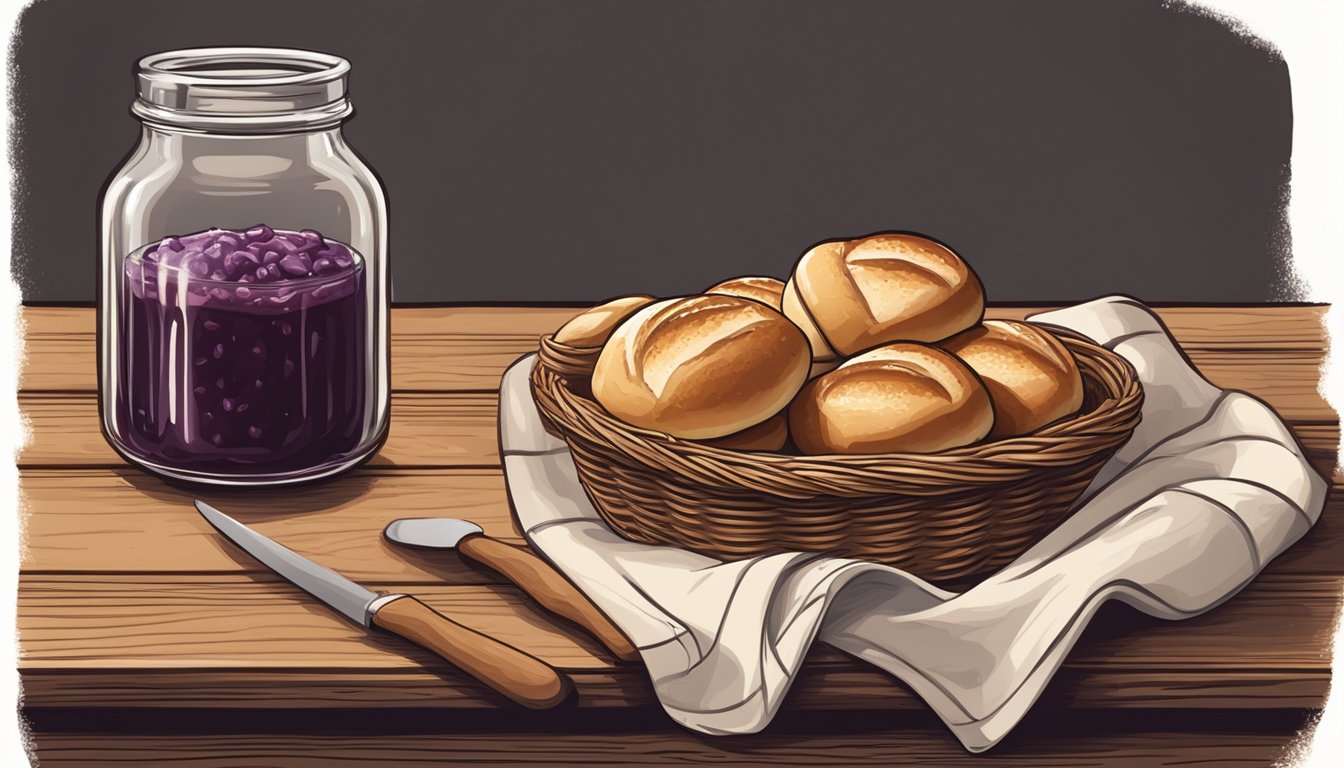 A rustic wooden table with a basket of freshly baked sourdough dinner rolls, a jar of homemade jam, and a vintage butter dish