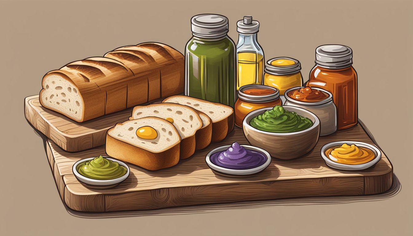 A rustic wooden board with a variety of condiments and oils arranged around a loaf of sourdough bread