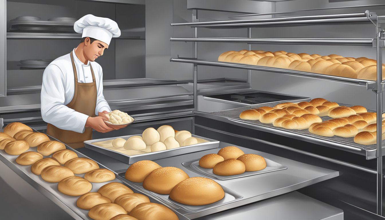 A baker examining dough, oven, and finished dinner rolls