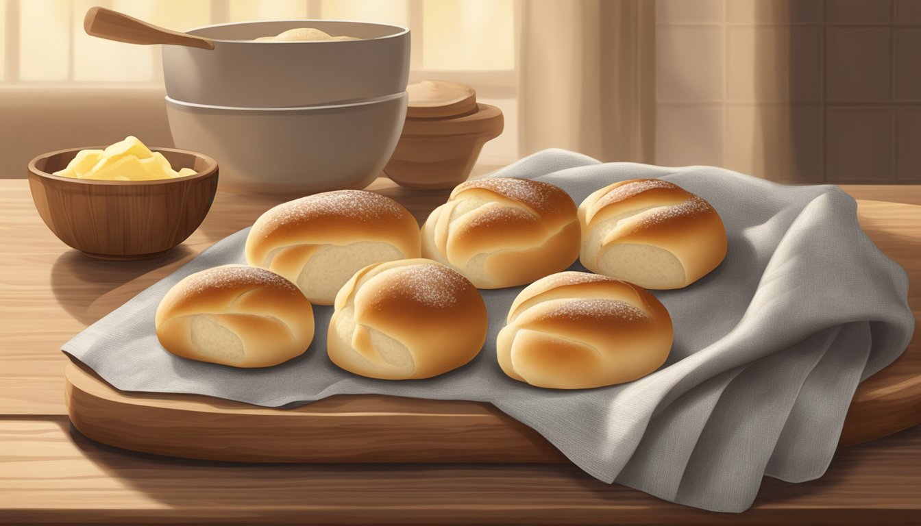 Freshly baked sourdough dinner rolls arranged on a wooden cutting board with a linen cloth and a small bowl of butter