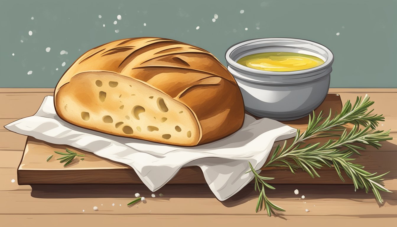 A rustic wooden table with a freshly baked sourdough focaccia surrounded by rosemary sprigs, olive oil, and a scattering of sea salt flakes