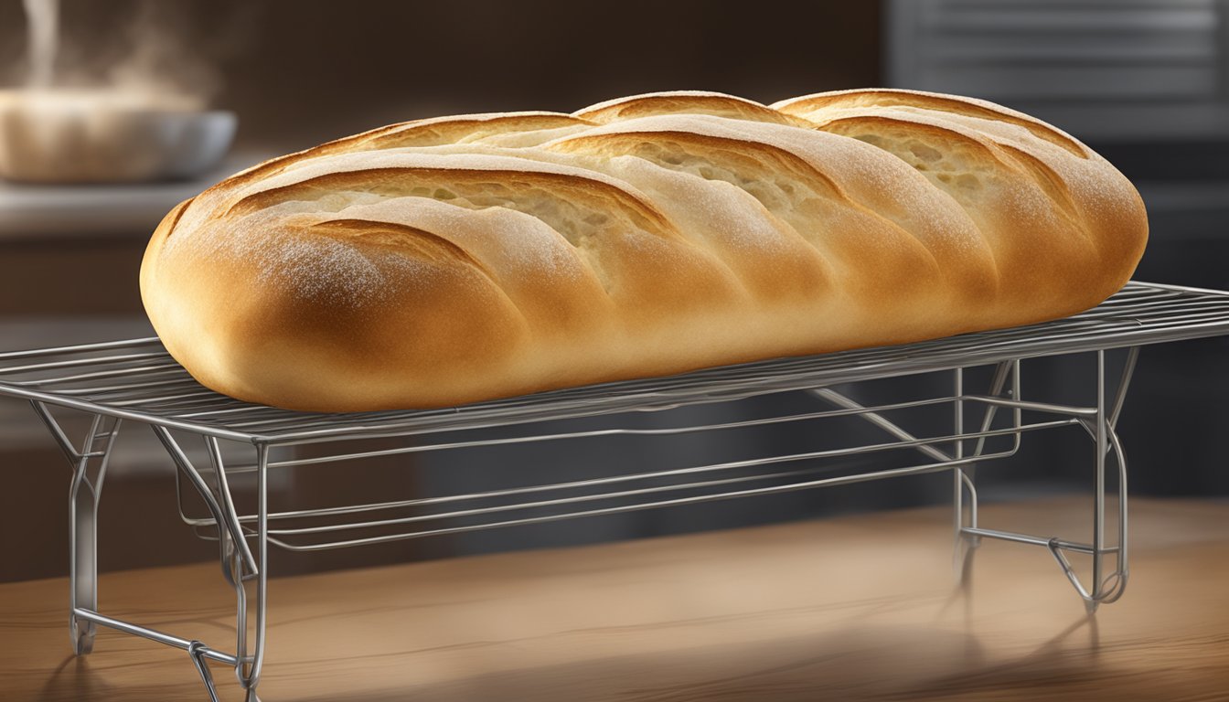 Freshly baked sourdough ciabatta cooling on a wire rack, steam rising, golden crust crackling